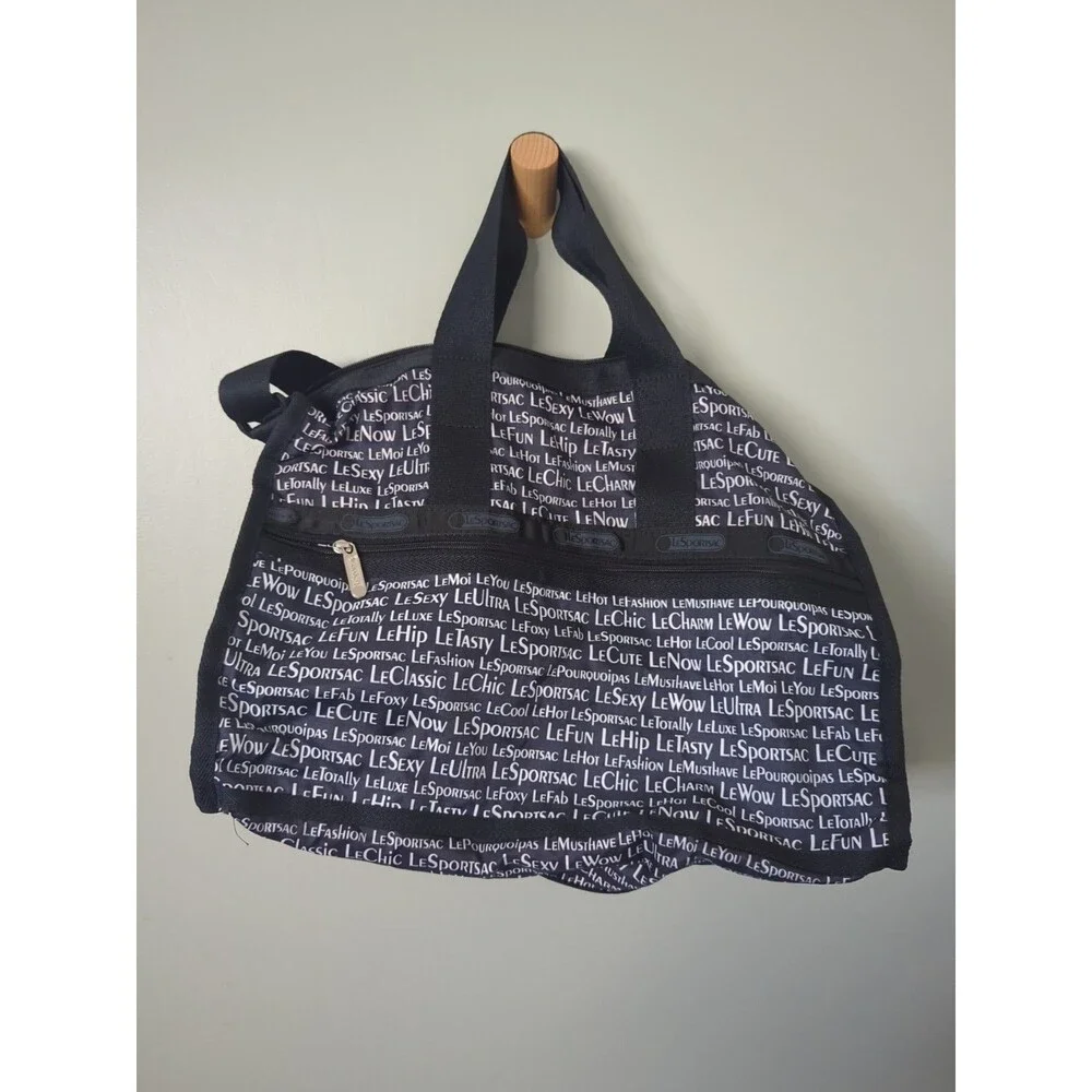 LeSportsac Black & White Duffle Weekender Tote bag 16 x 12 x 7
